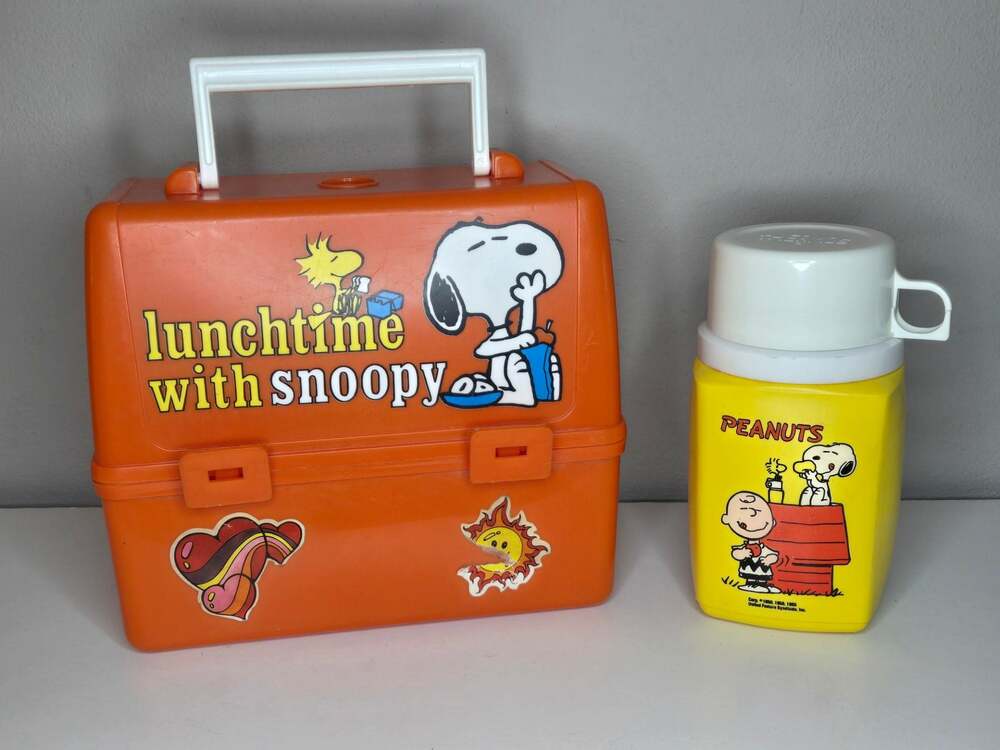 Vintage 1965 Peanuts 'Lunchtime with Snoopy' Orange Plastic Lunch Box w/ Thermos